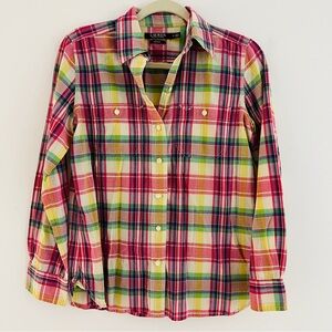 Ralph Lauren 90s Madras Plaid Button Down Shirt XS Lightweight Layers Preppy